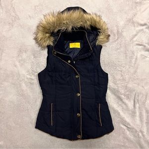 Prince & Fox XS dark blue vest tan trim/fur detachable fur easy to remove/wash